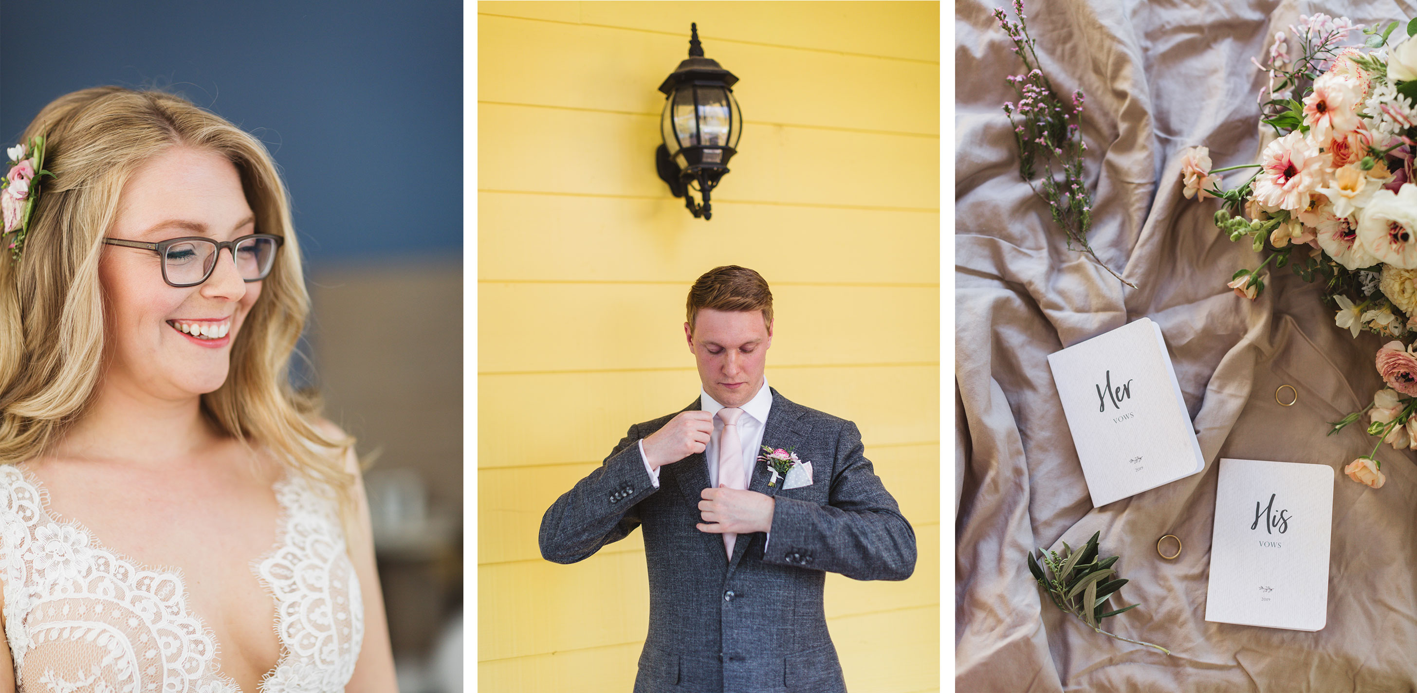 collage of wedding preparation images at california vineyard wedding vezer