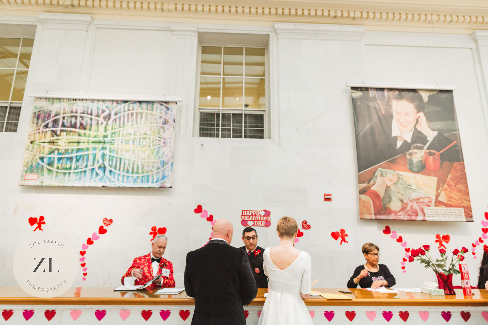 couple checking in at North Light Court, San Francisco City Hall for their Valentine's Day wedding